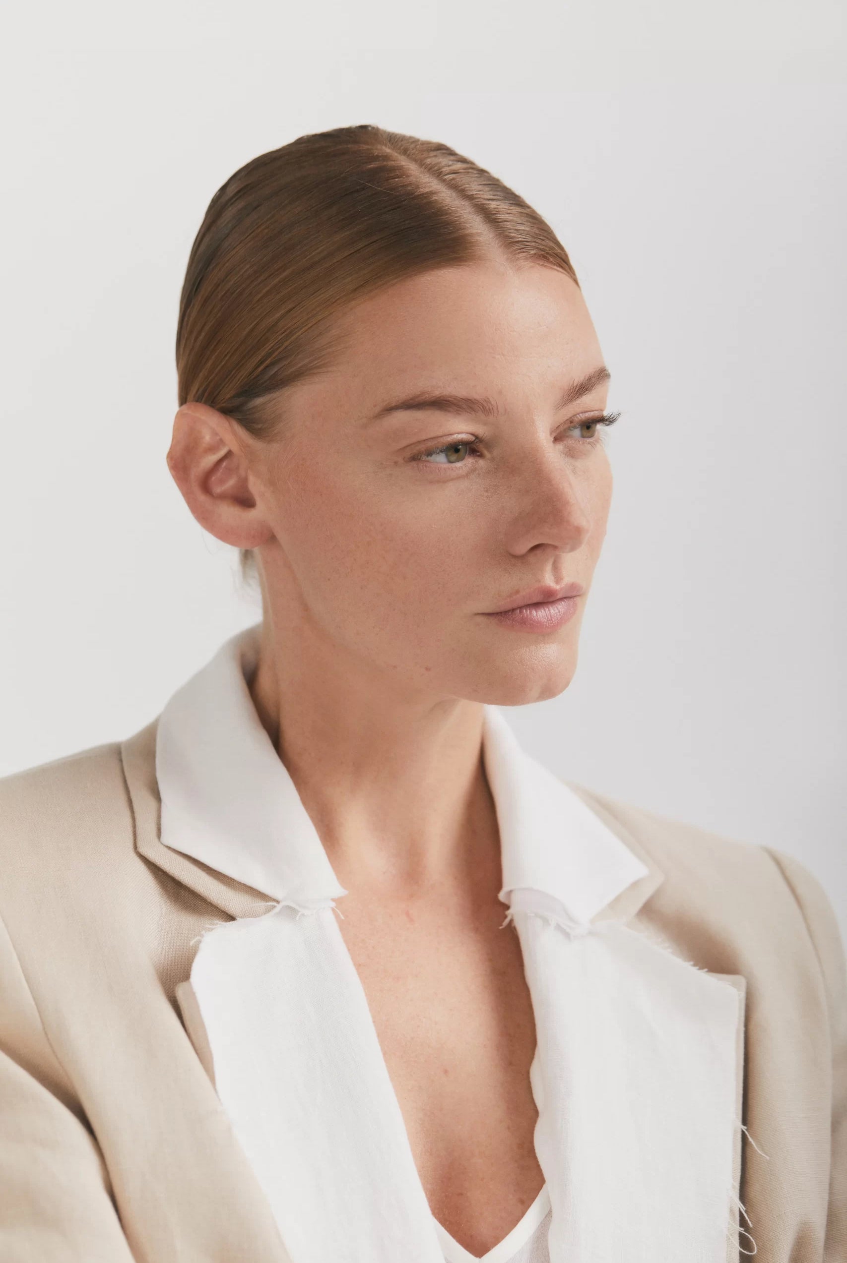 Blazer din in bej fără nasturi - ipanomi.com