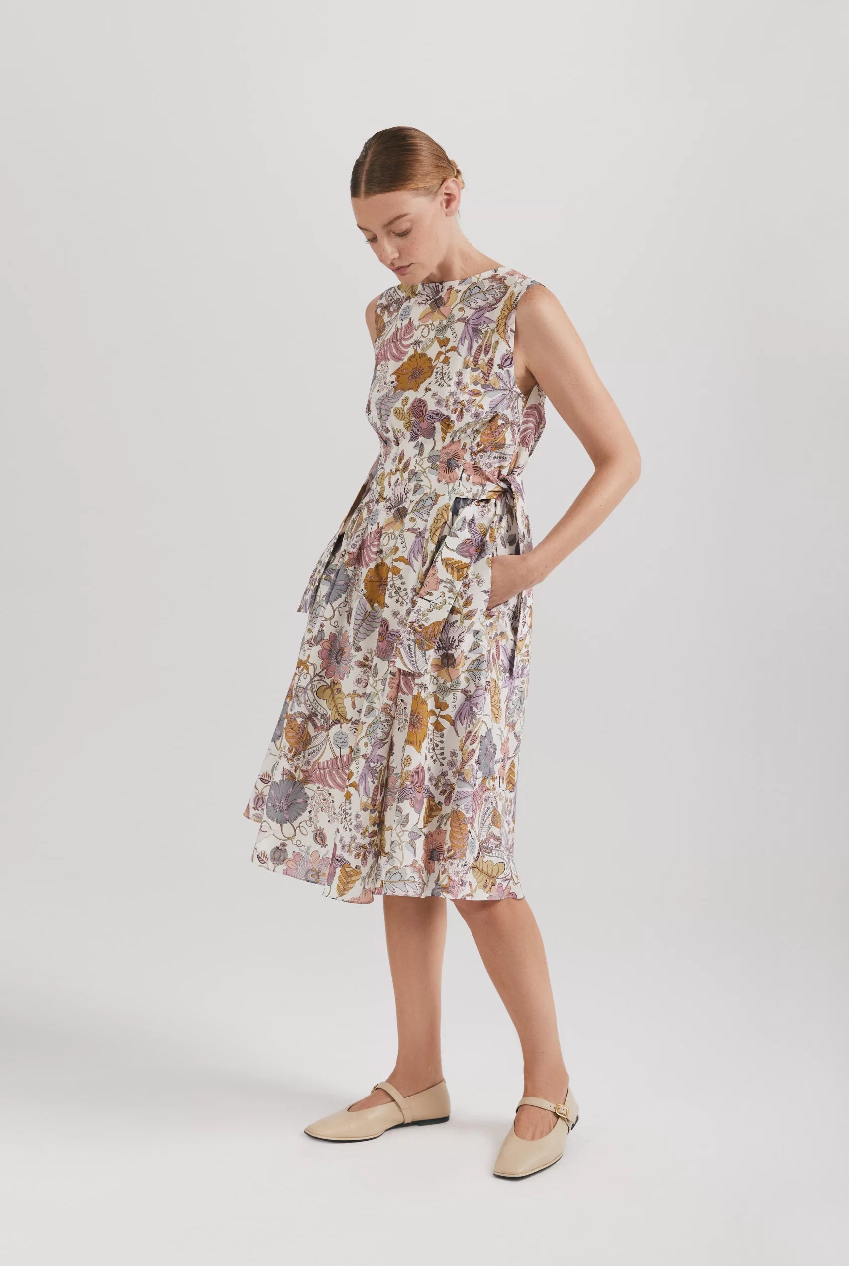 Rochie midi cu cordoane în talie Grazia print - ipanomi.com