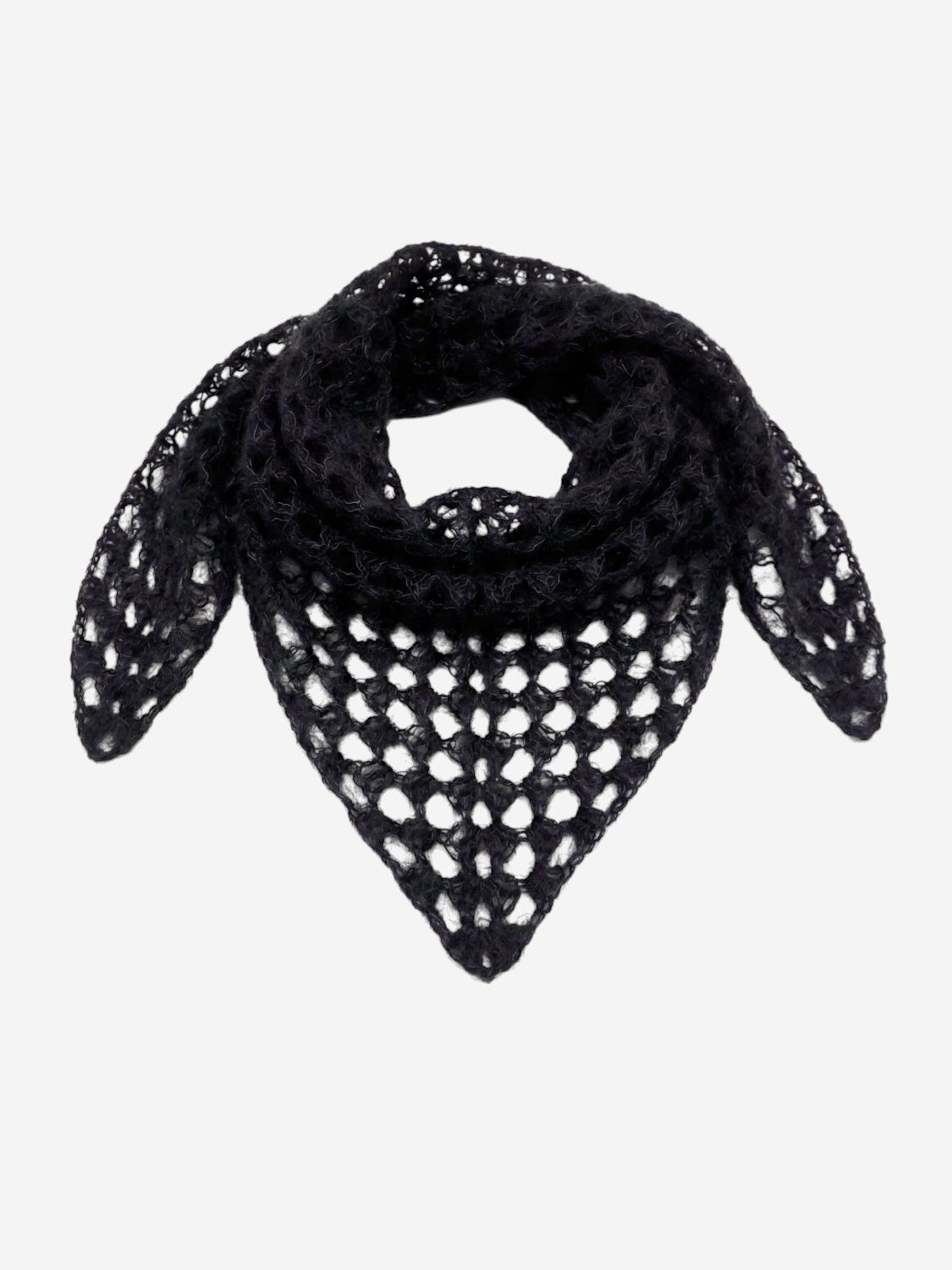 Ipanomi black handmade crochet scarf made from alpaca and silk with an openwork pattern.