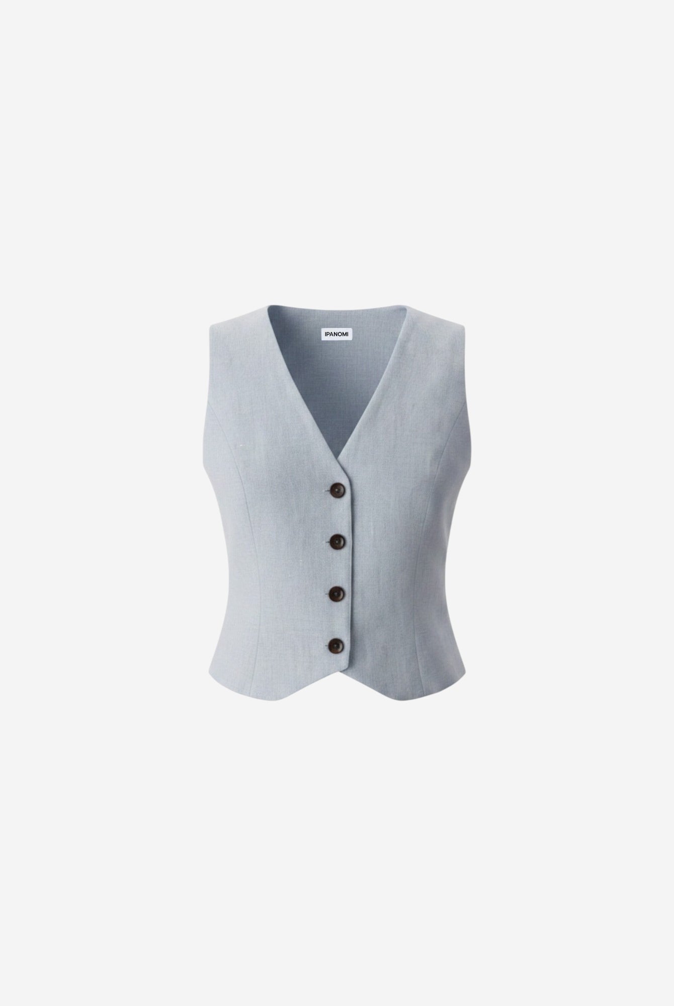 Ipanomi light blue pure linen short vest with V-neck and contrast buttons. OEKO-TEX certified.
