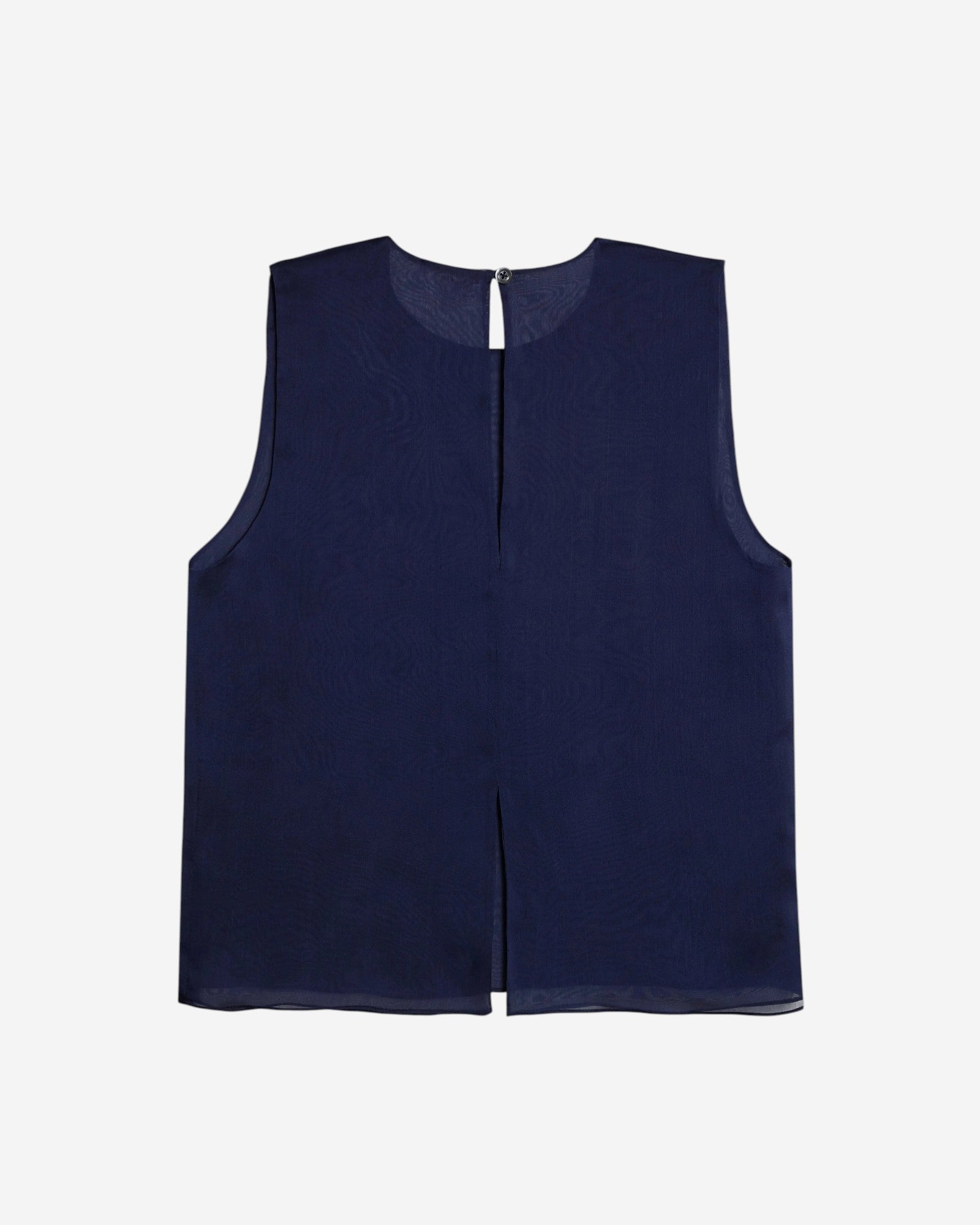Ipanomi navy blue silk sleeveless top with round neckline and back button closure. Elegant and versatile.