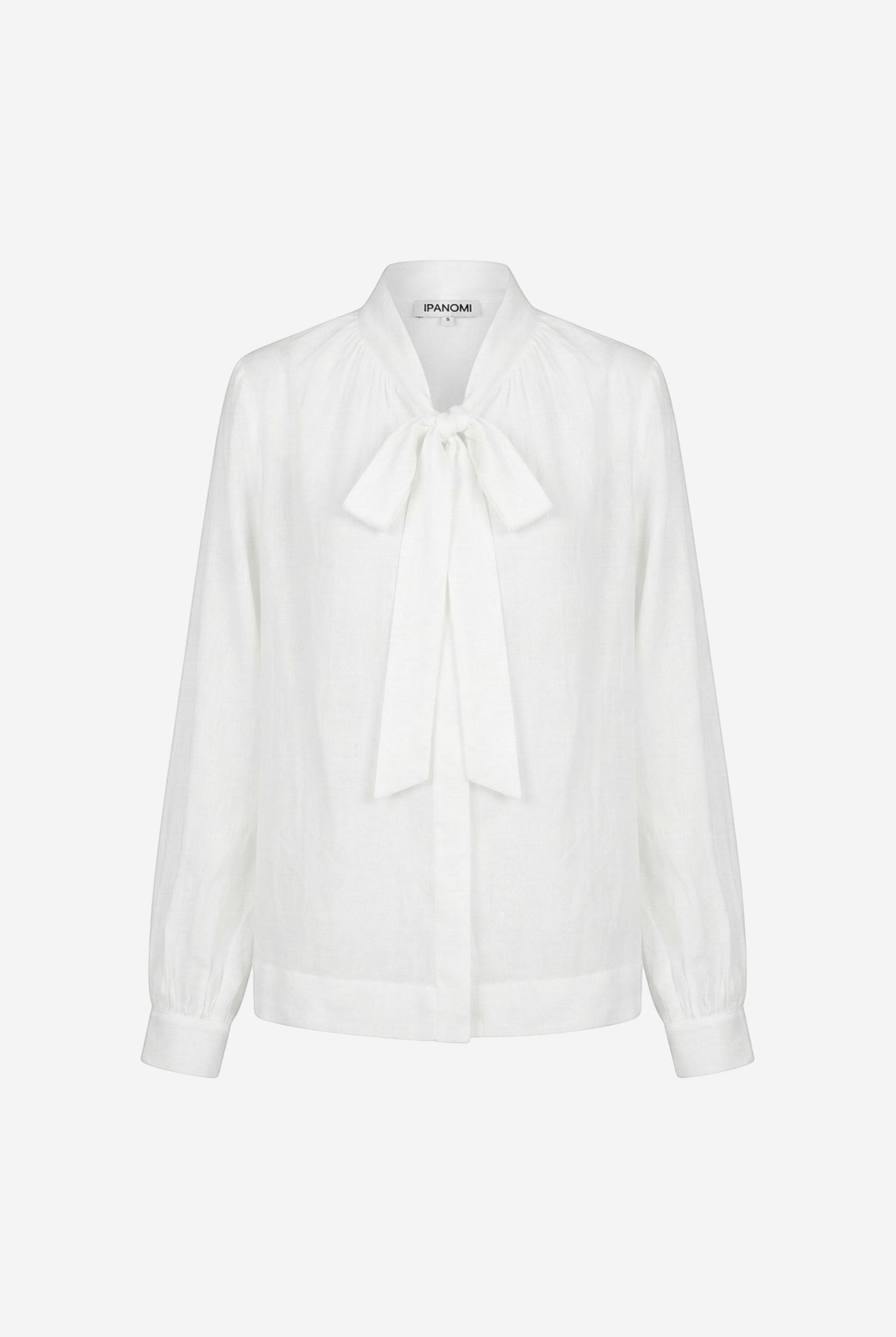 Ipanomi white cotton blouse with a tie neck detail and long sleeves, perfect for office or smart casual wear.