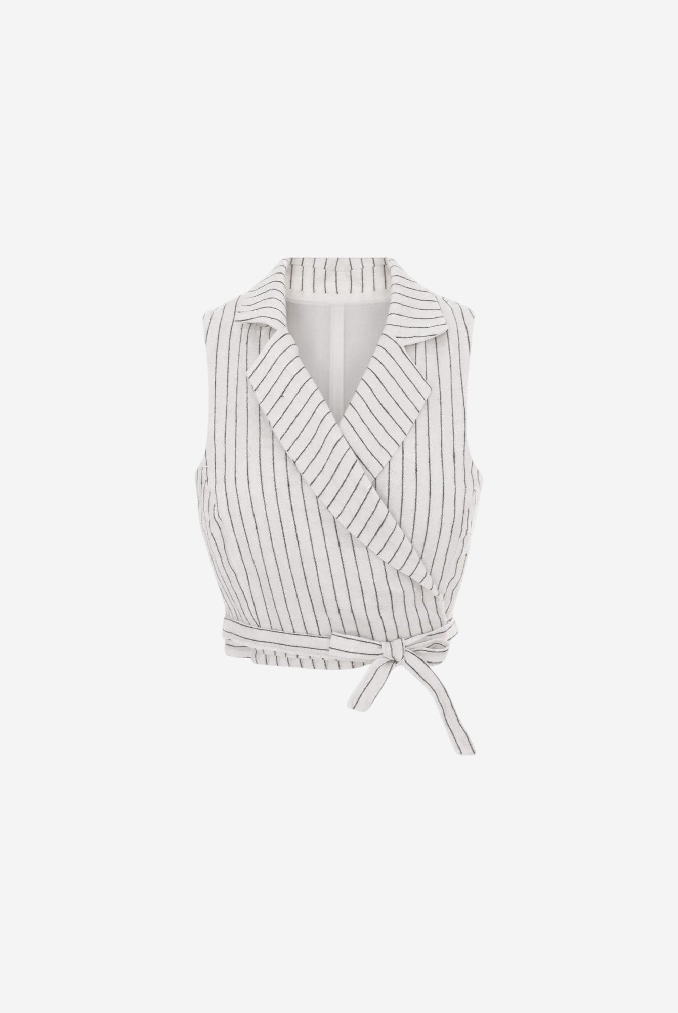 Ipanomi white linen wrap vest with fine black pinstripes, featuring a wide lapel and tie waist.