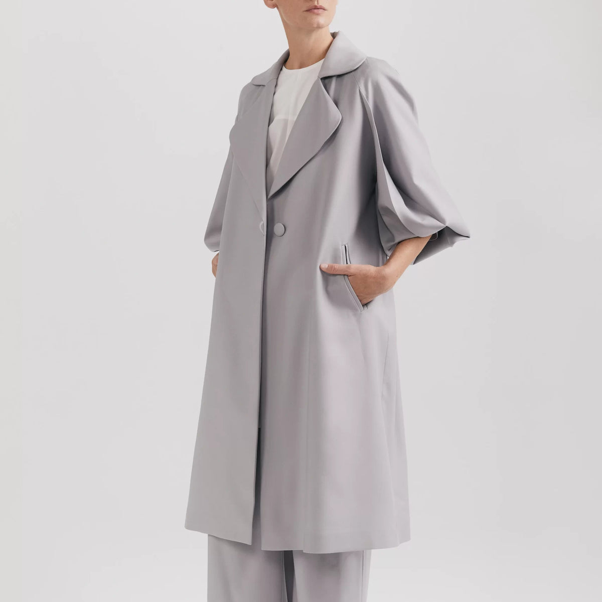 Trenci elegant din lână premium, lung, gri