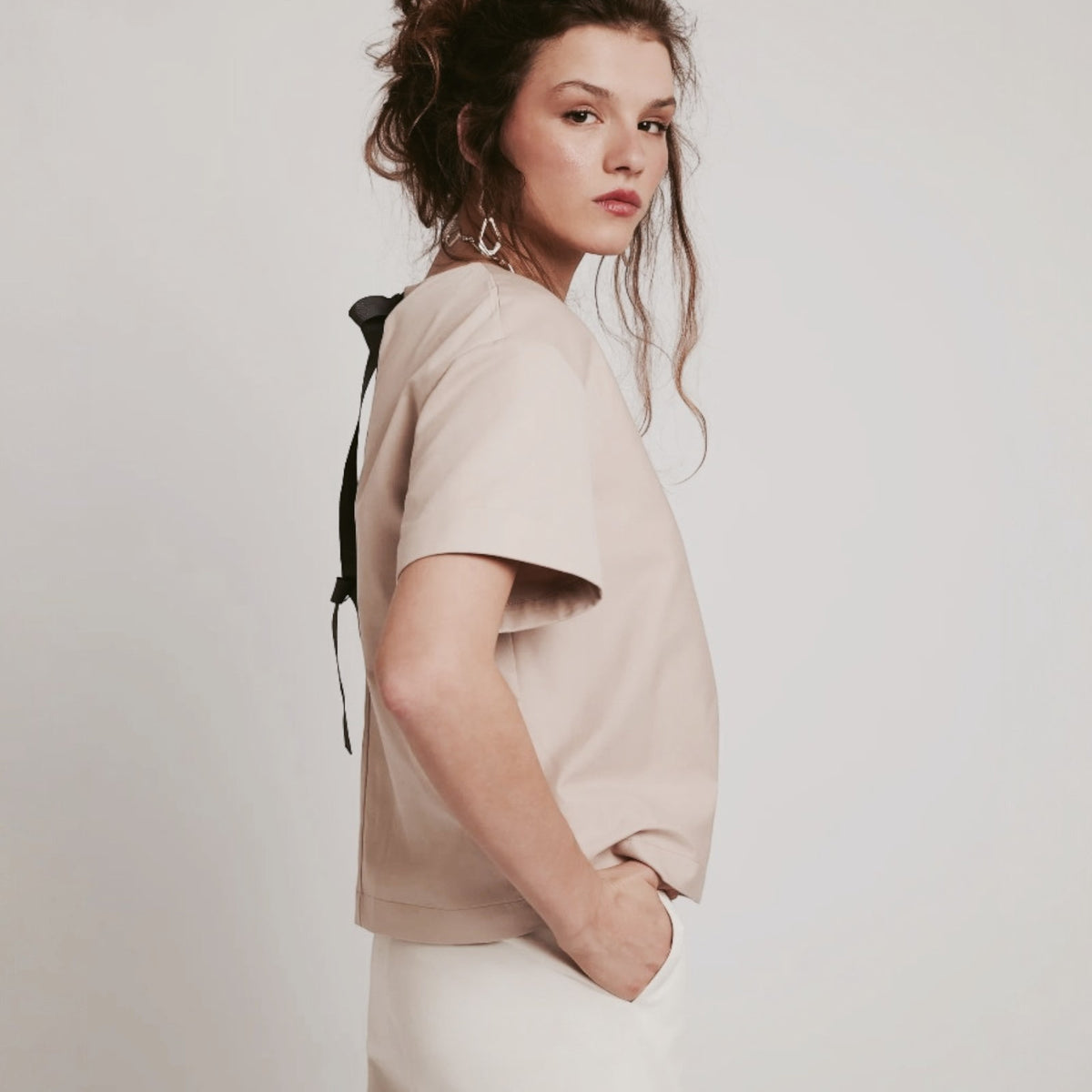 Top din twill de bumbac, midi, bej