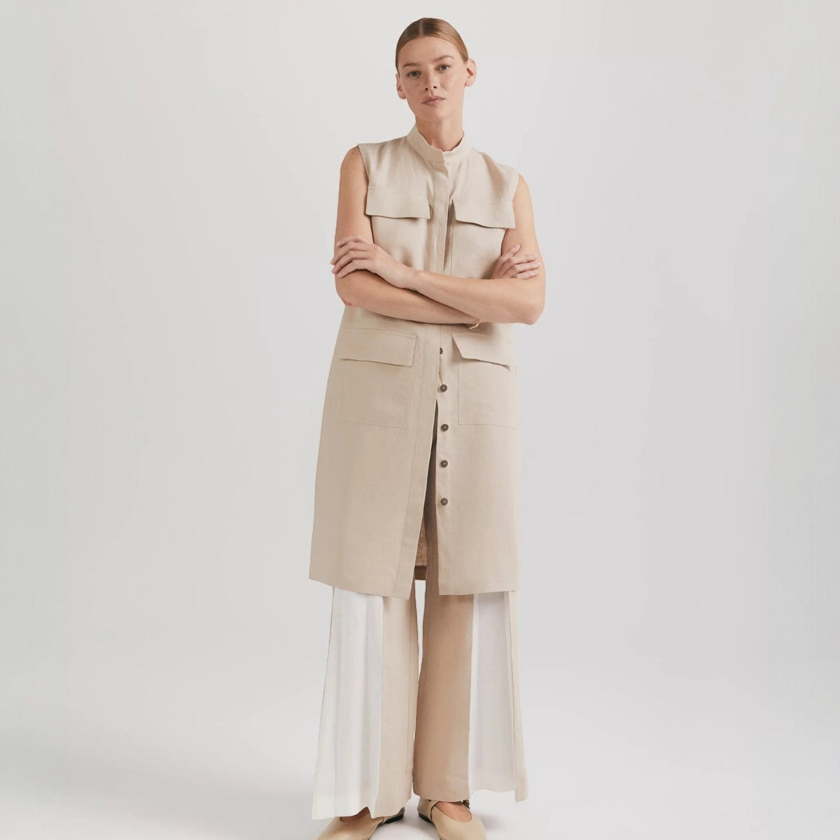 Rochie casual din in, genunchi, bej
