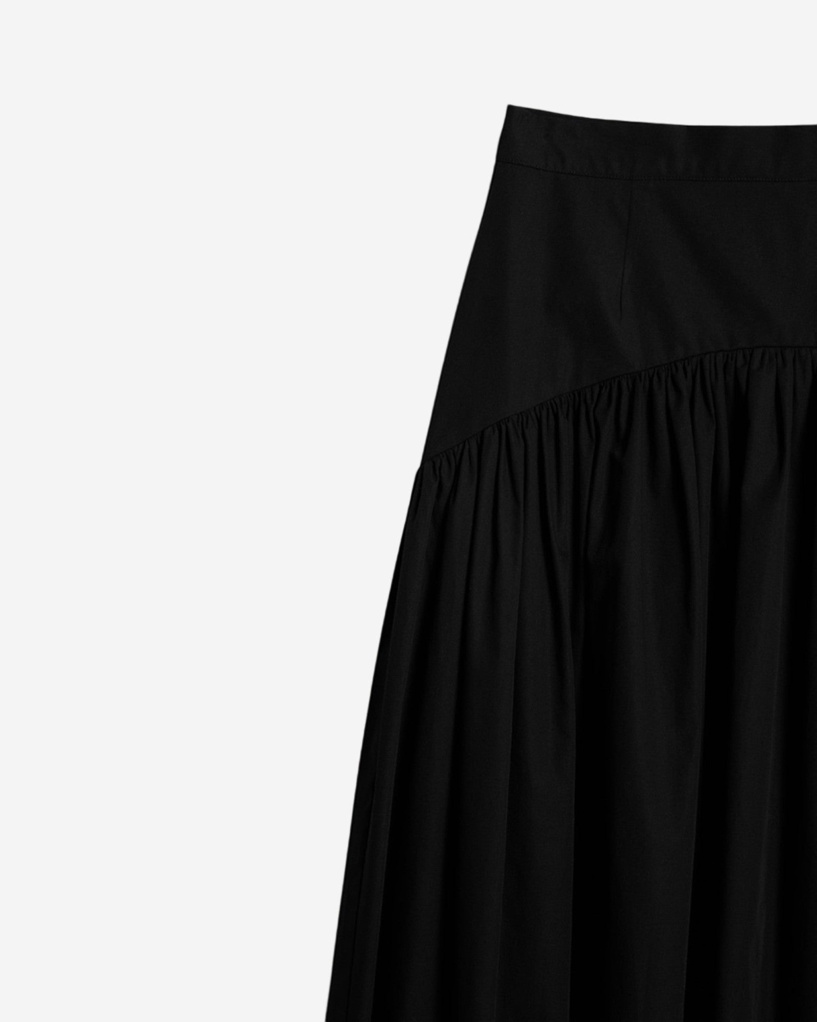 Ipanomi black organic cotton poplin maxi skirt with high waist and gathered detail.