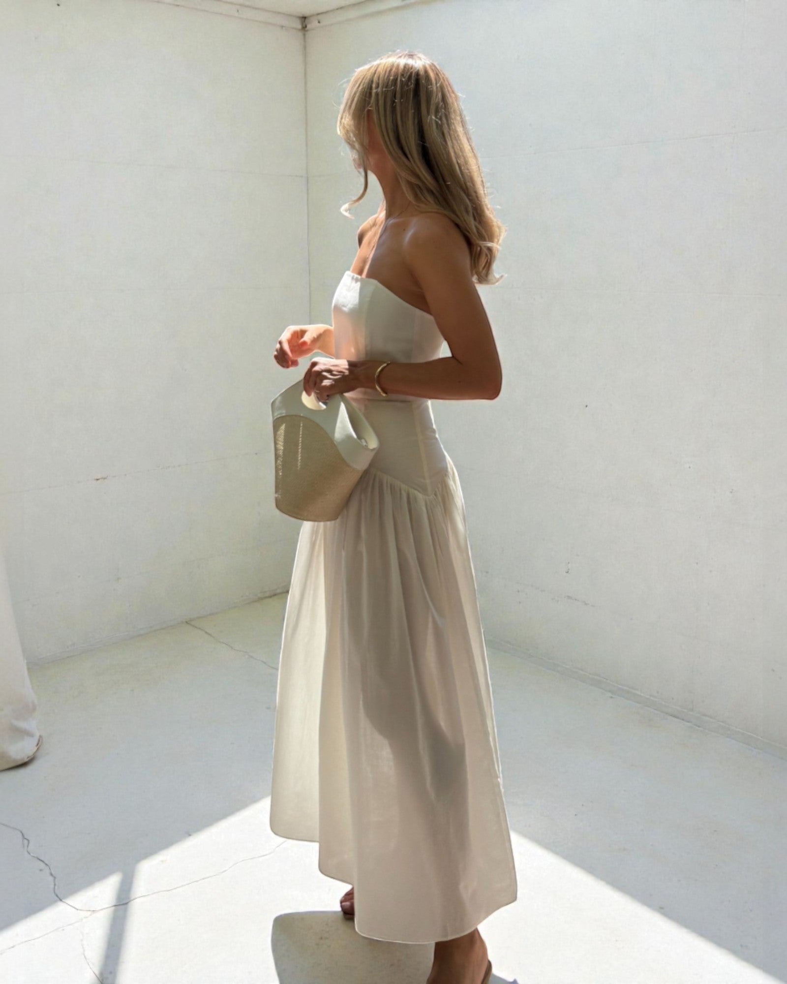 Ipanomi cream cotton poplin corset and maxi skirt set, strapless top, high-waisted skirt