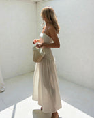 Ipanomi cream cotton poplin corset and maxi skirt set, strapless top, high-waisted skirt