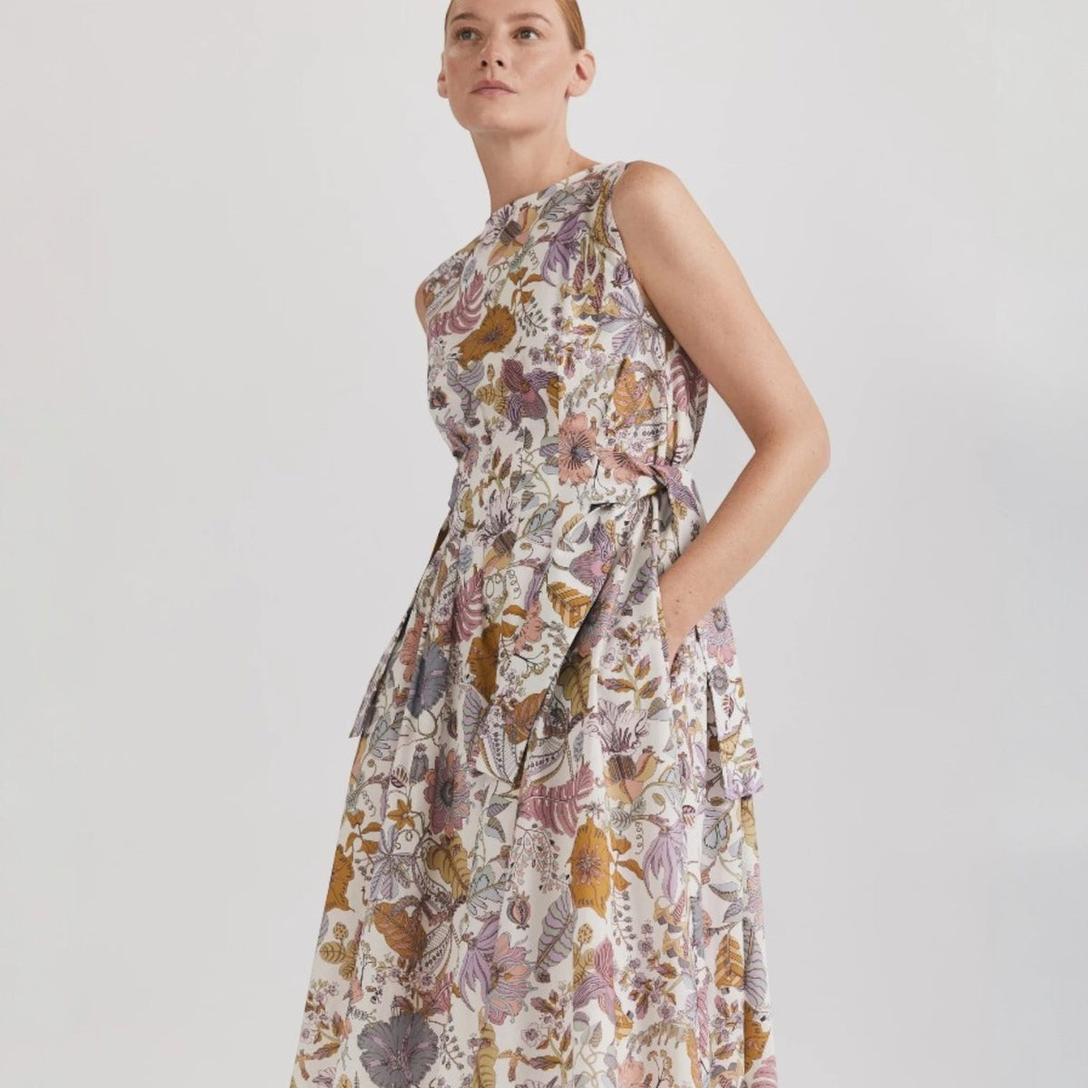 Rochie elegantă din bumbac Tana Lawn, sub genunchi, imprimată