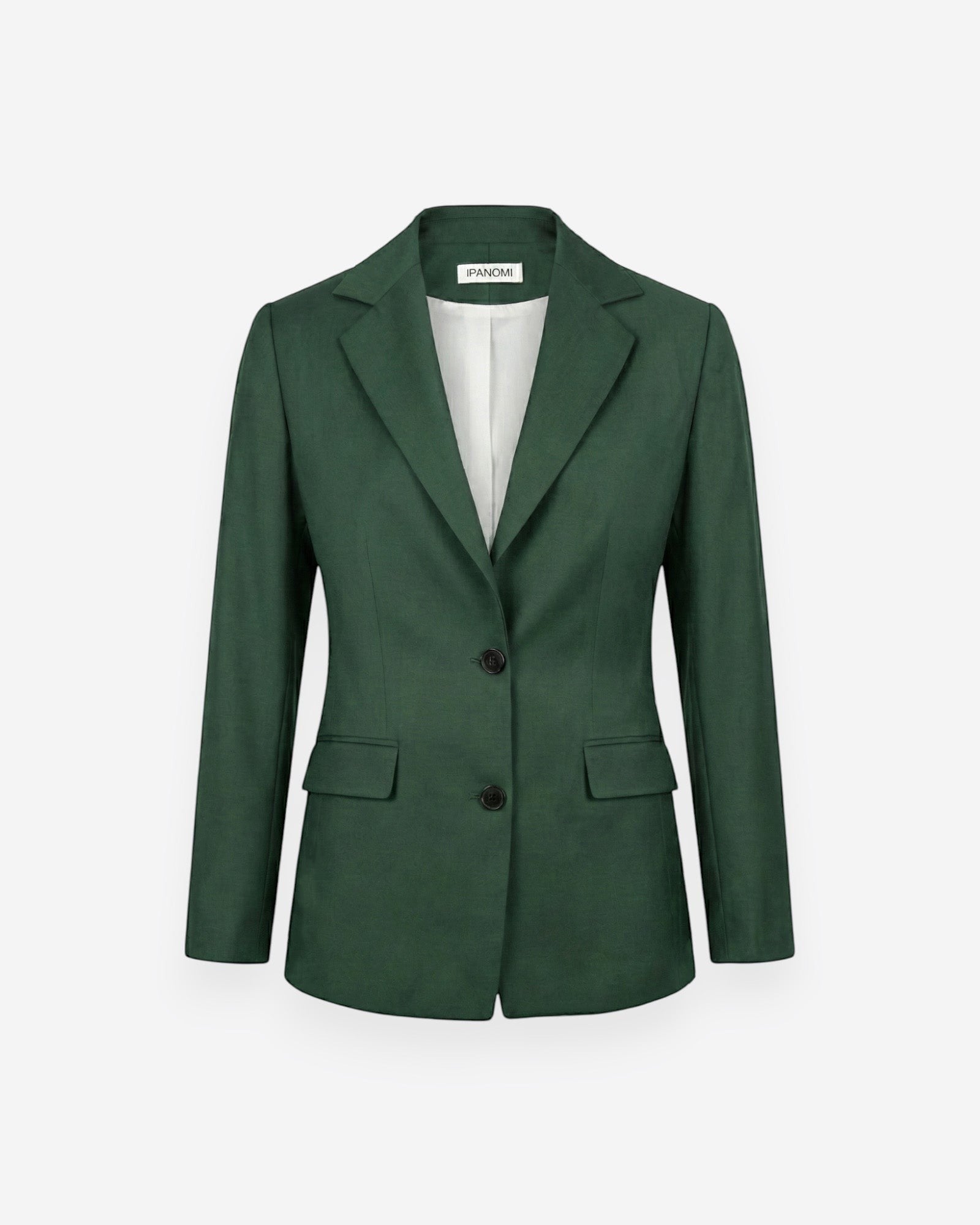 Ipanomi fitted Italian wool blazer in deep green with a white lining and two dark buttons.