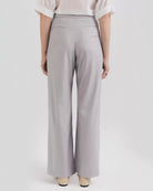 Ipanomi grey premium wool palazzo pants with double front pleats, side pockets, and back pockets.
