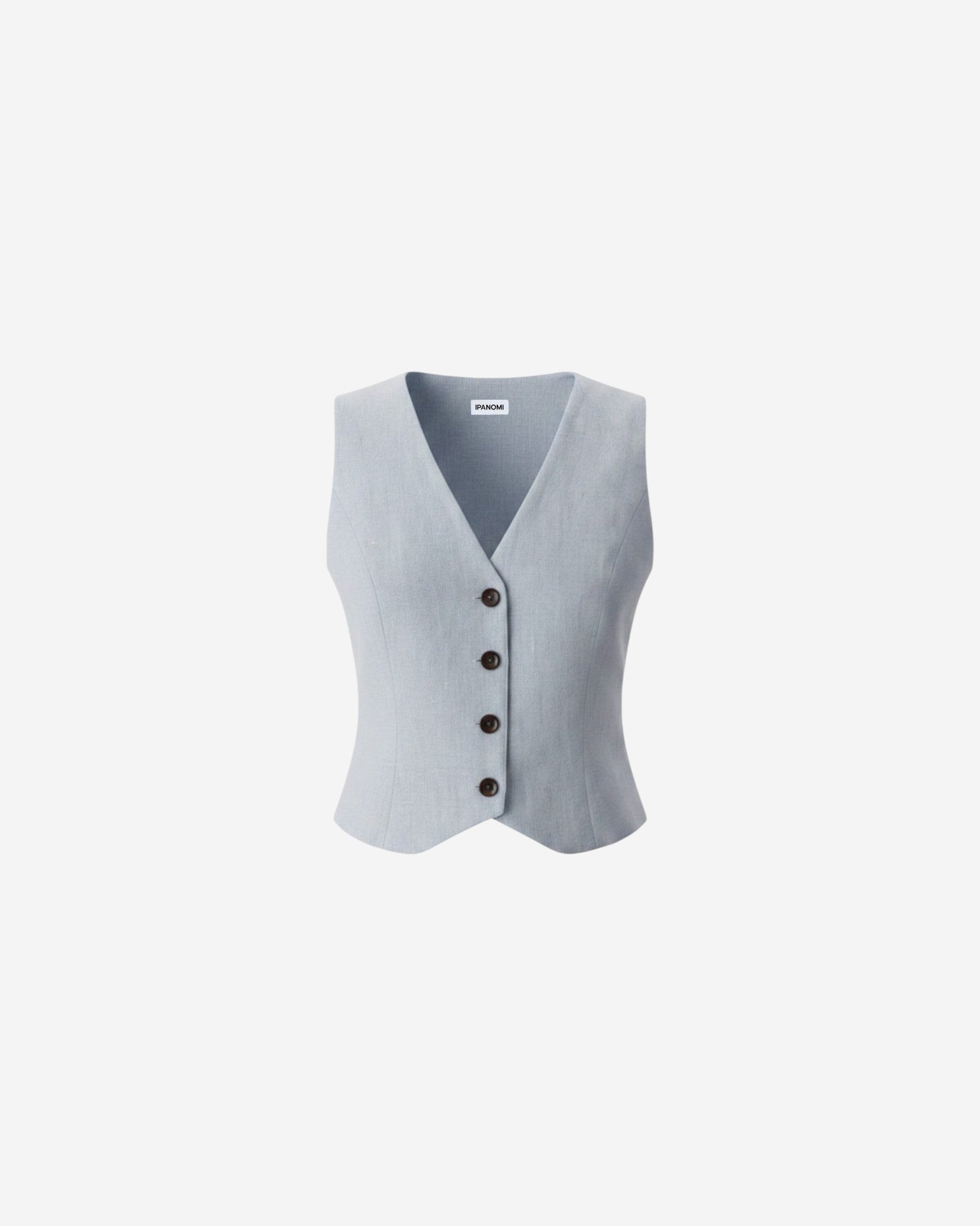 Ipanomi light blue pure linen short vest with V-neck and contrast buttons. OEKO-TEX certified.