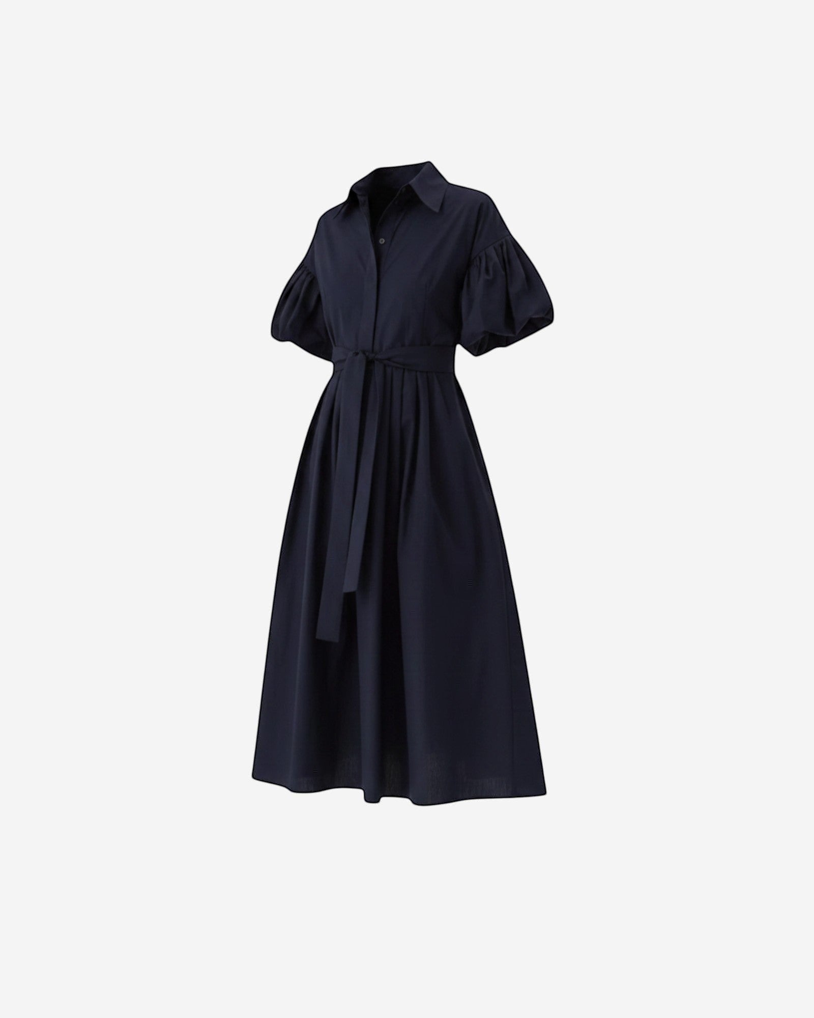 Ipanomi navy blue organic cotton midi dress with puffed sleeves, belted waist, and hidden pockets. Elegant and versatile.