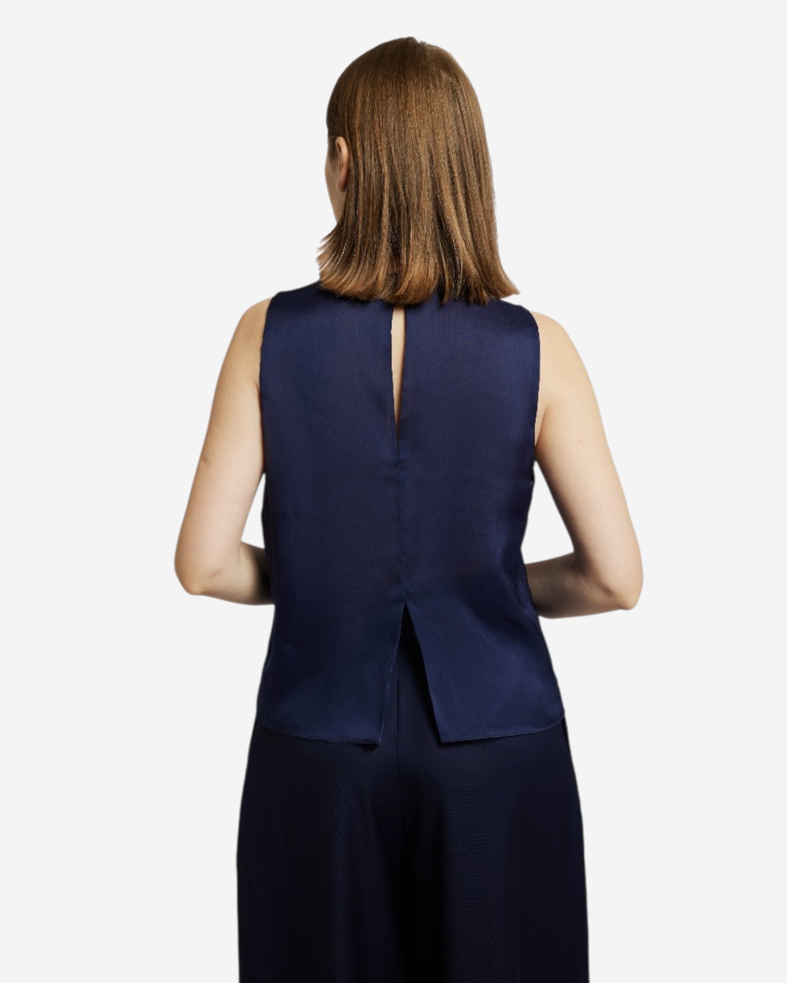 Ipanomi navy blue silk sleeveless top with a relaxed fit and a keyhole back detail.