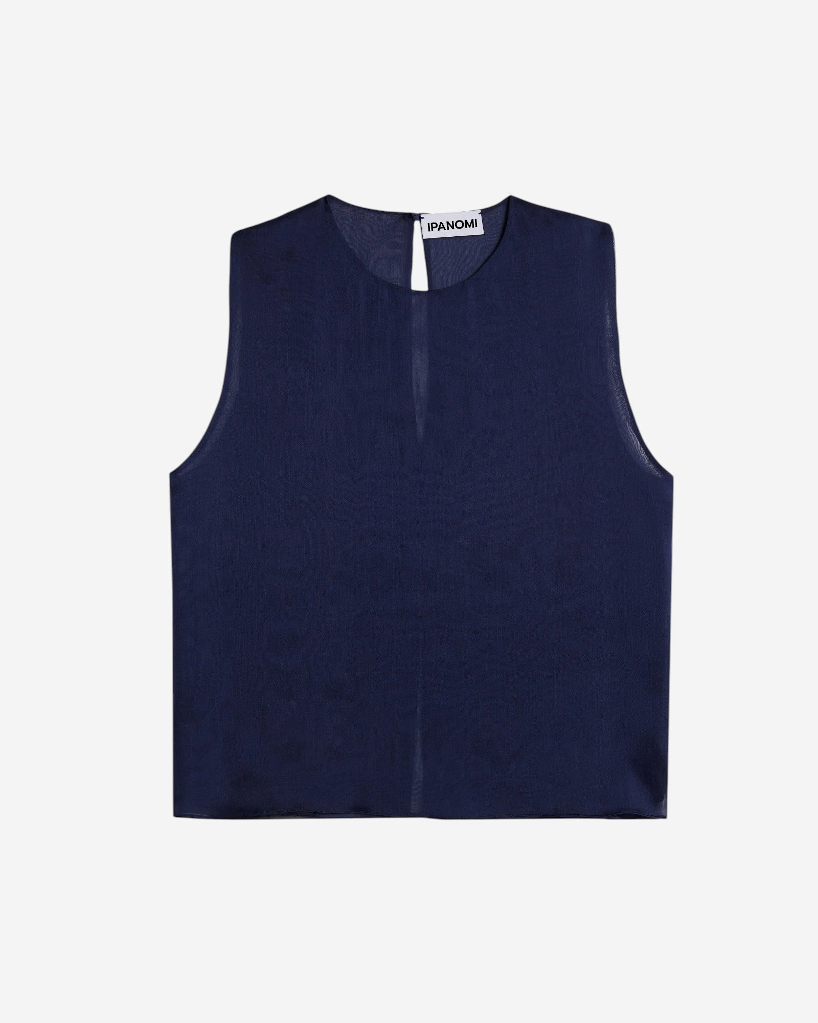 Ipanomi navy blue silk sleeveless top with a round neckline and a keyhole detail at the back.