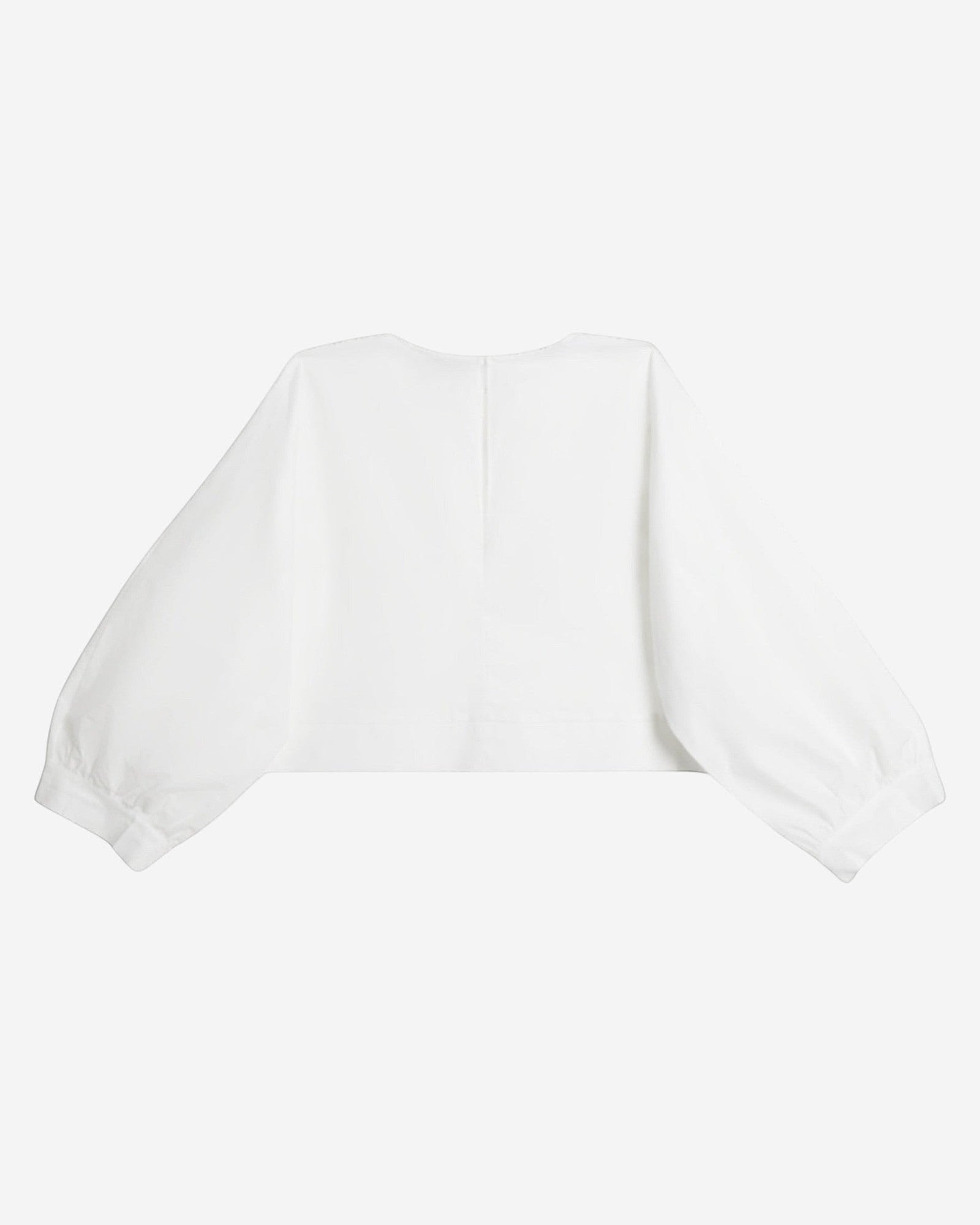 Ipanomi white cotton poplin crop shirt with 3/4 puff sleeves and delicate pleats.