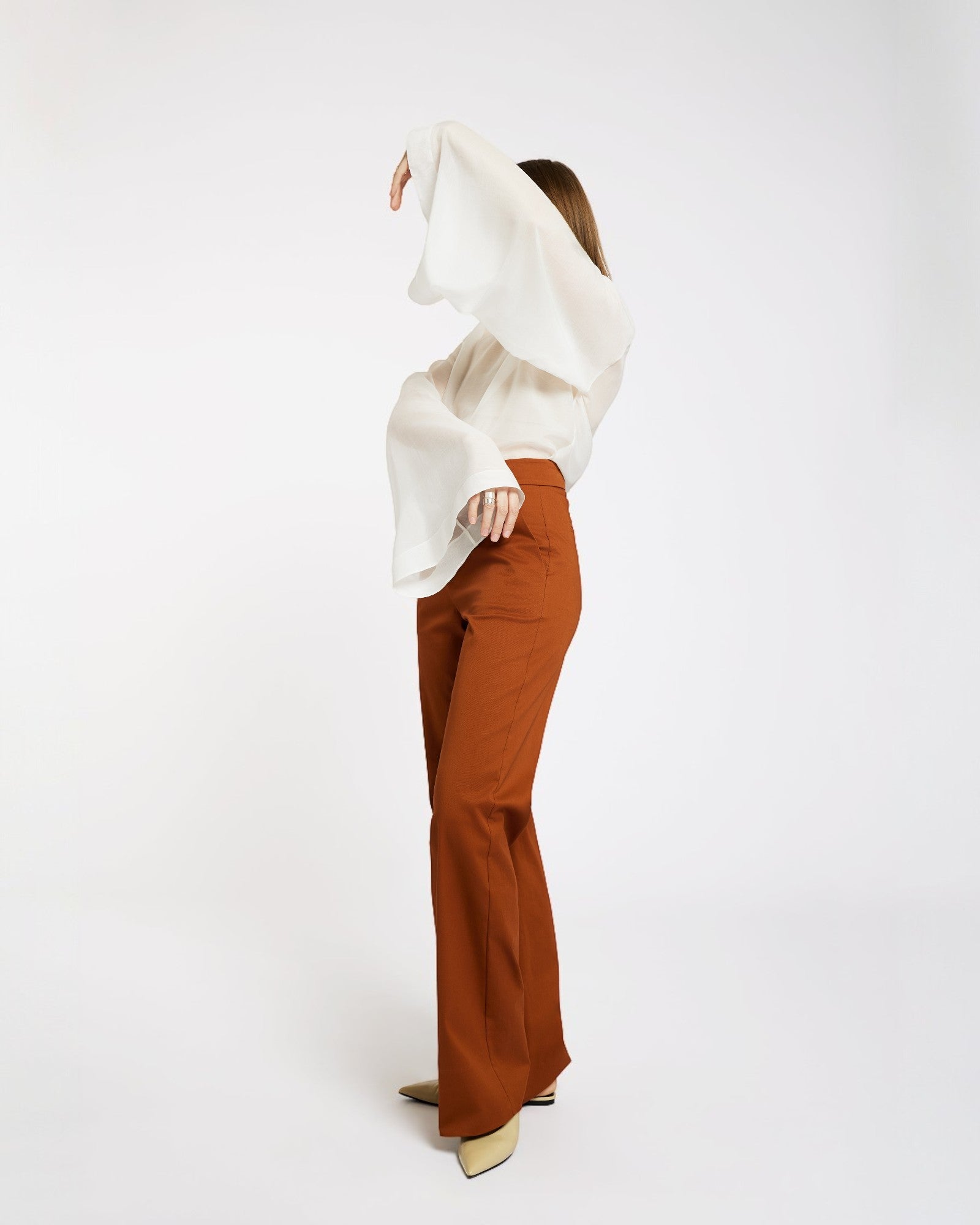 Ipanomi white cotton silk blend top with elegant bell sleeves and rounded neckline.