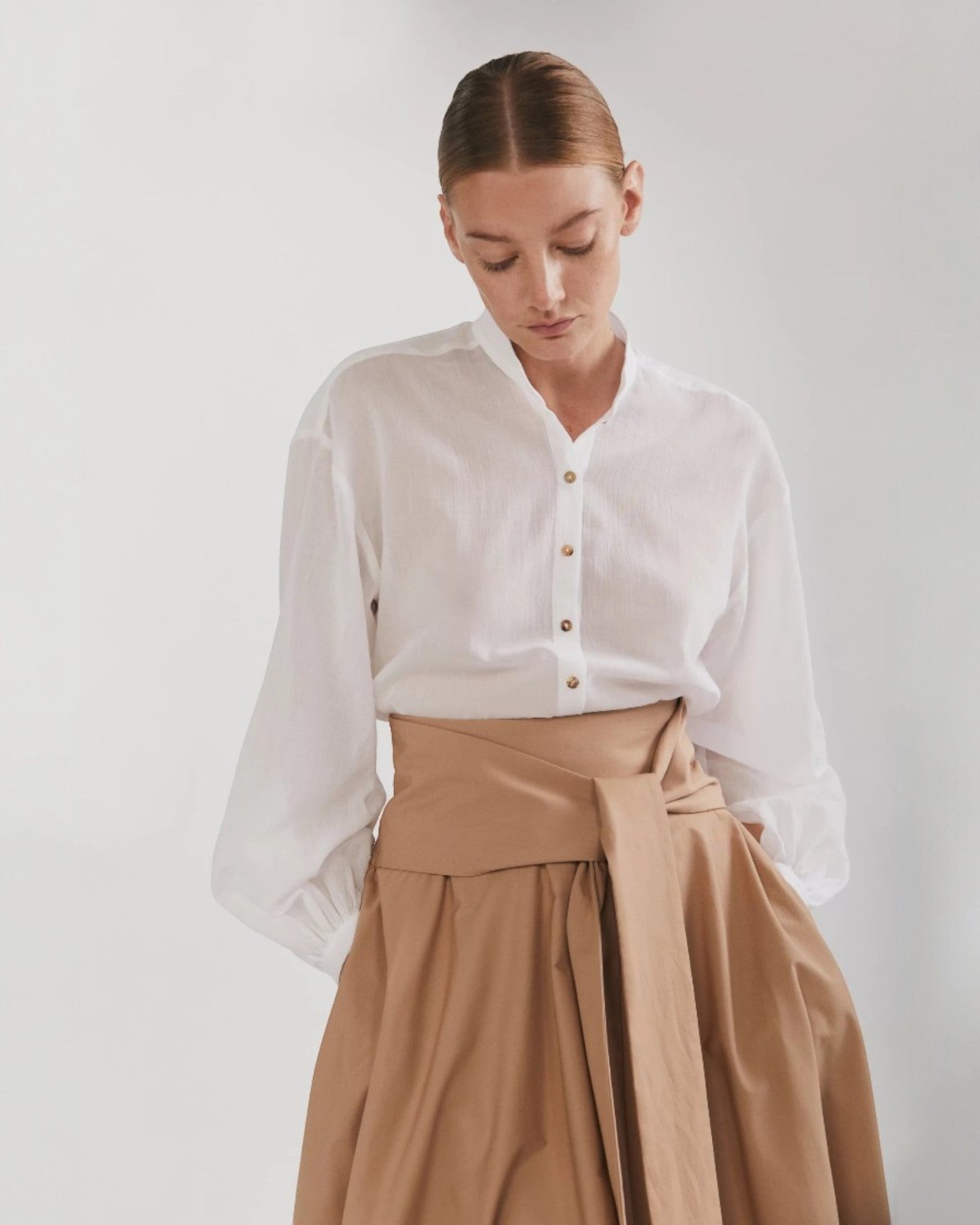 Ipanomi white cotton voile long sleeve shirt with mandarin collar and balloon sleeves