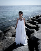 Ipanomi white optic hemp maxi dress with adjustable straps and hidden pockets. Natural, breathable fabric.