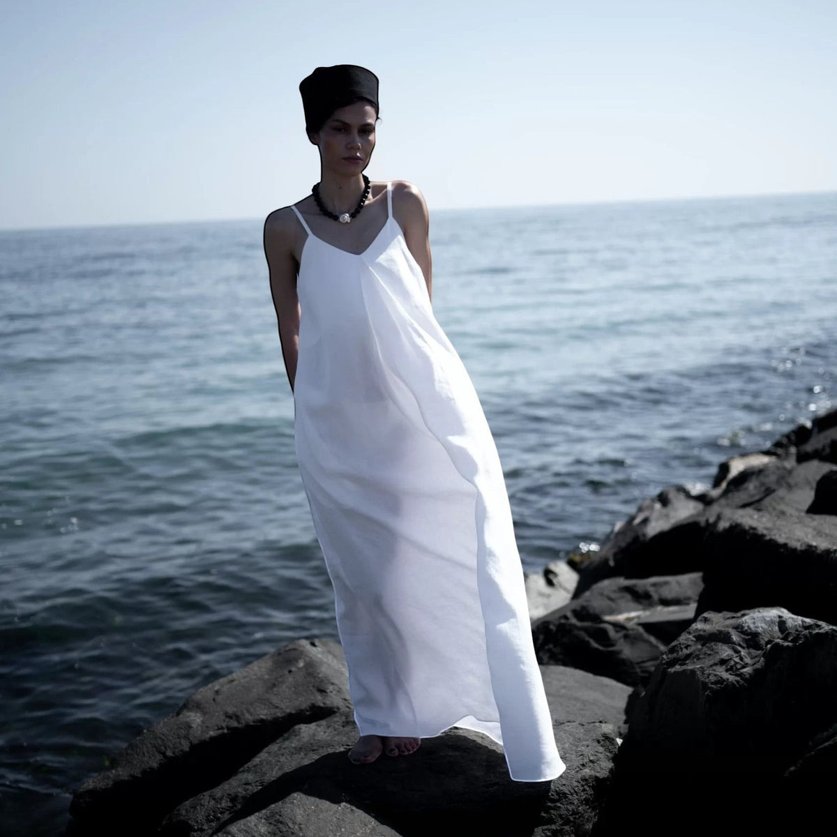Rochie elegantă din cânepă, maxi, alb optic
