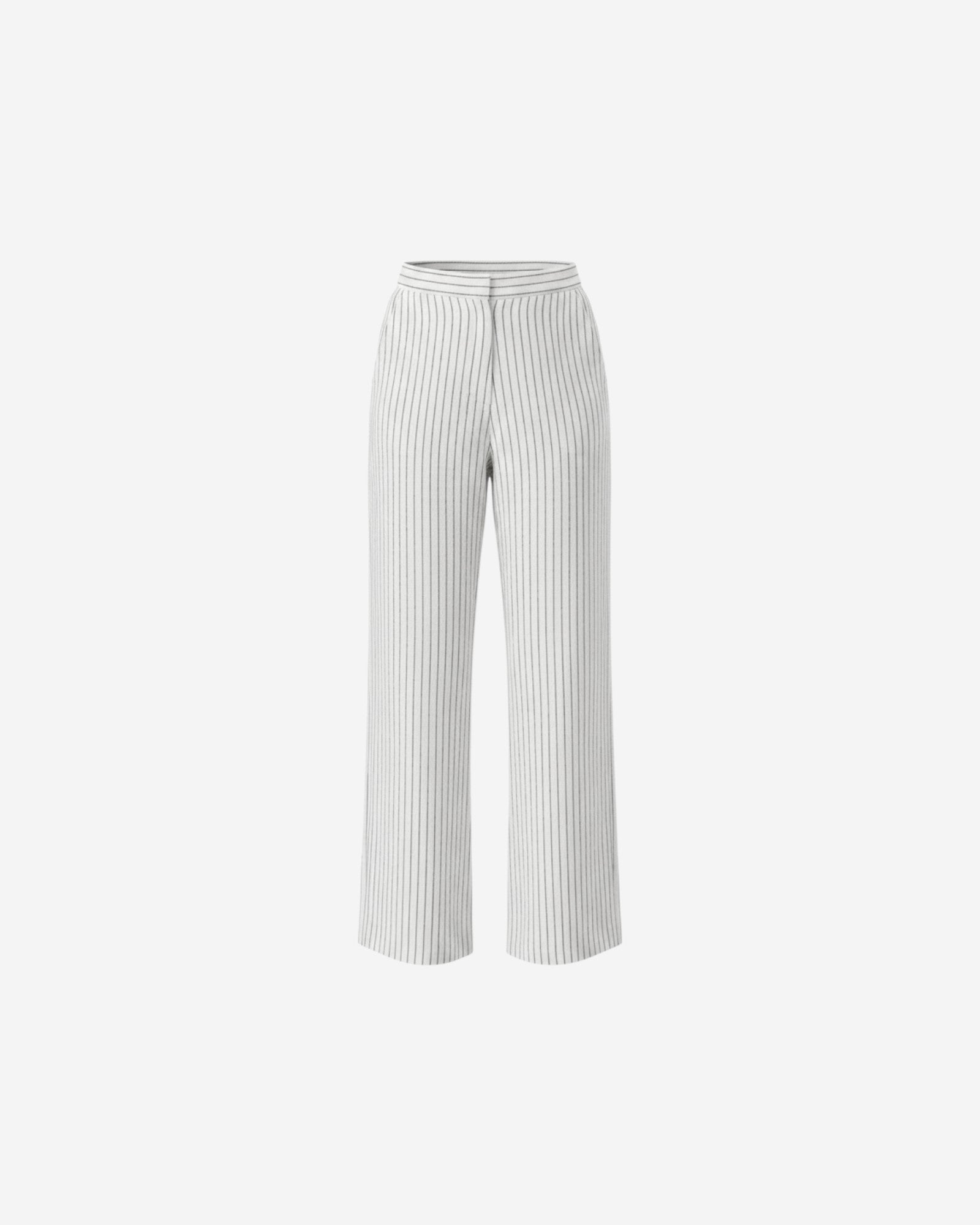 Ipanomi women's white linen trousers with black pinstripes, featuring a high waist, wide leg, and side pockets. Model is wearing size S.