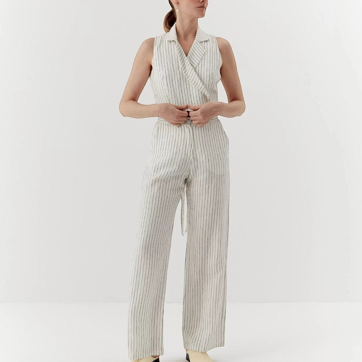 Pantaloni eleganți din in, lungi, albi