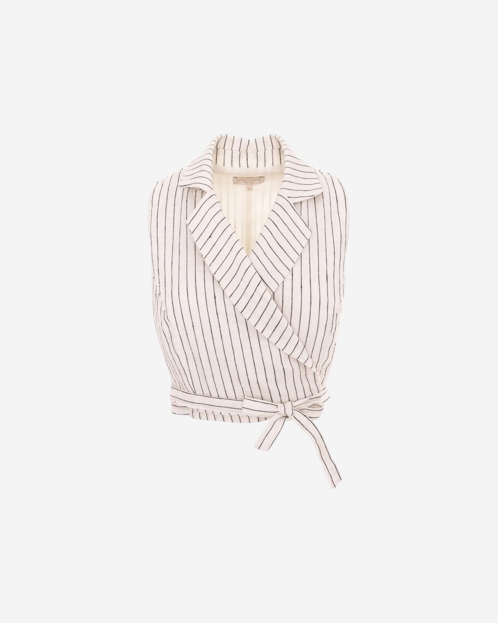 Ipanomi white linen blend wrap top with black pinstripes and a tie waist. Sleeveless with a collared neckline.