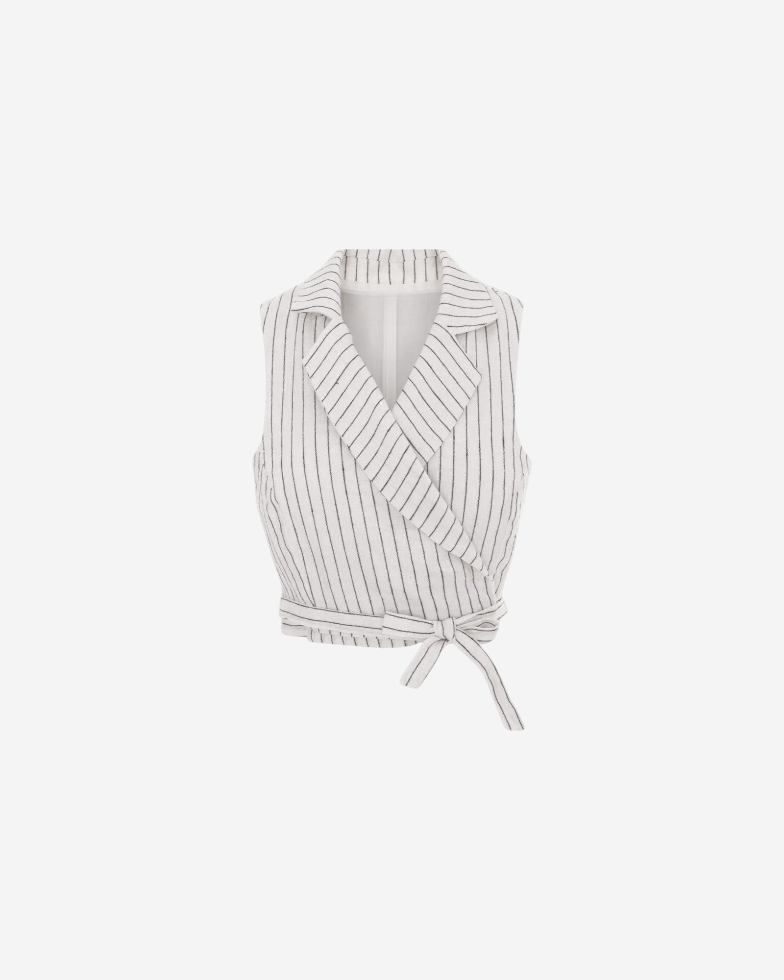 Ipanomi white linen wrap vest with fine black pinstripes, featuring a wide lapel and tie waist.