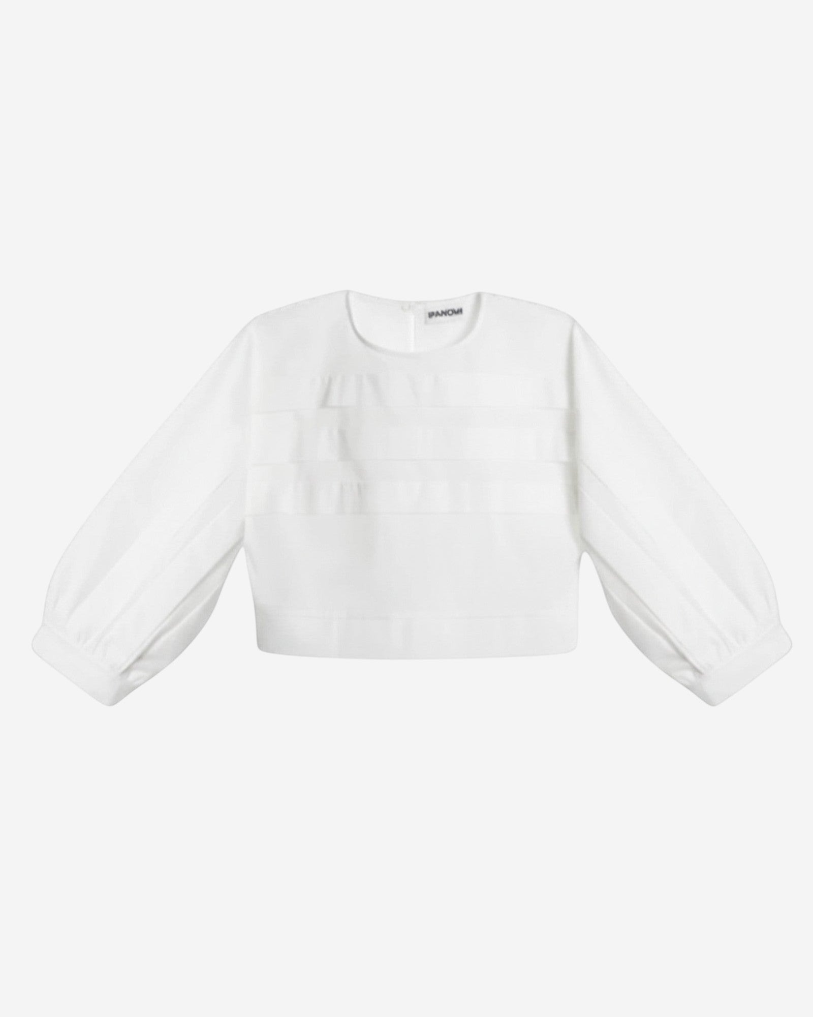 Ipanomi white cotton poplin crop shirt with 3/4 sleeves and delicate pleats. Tana Lawn fabric.